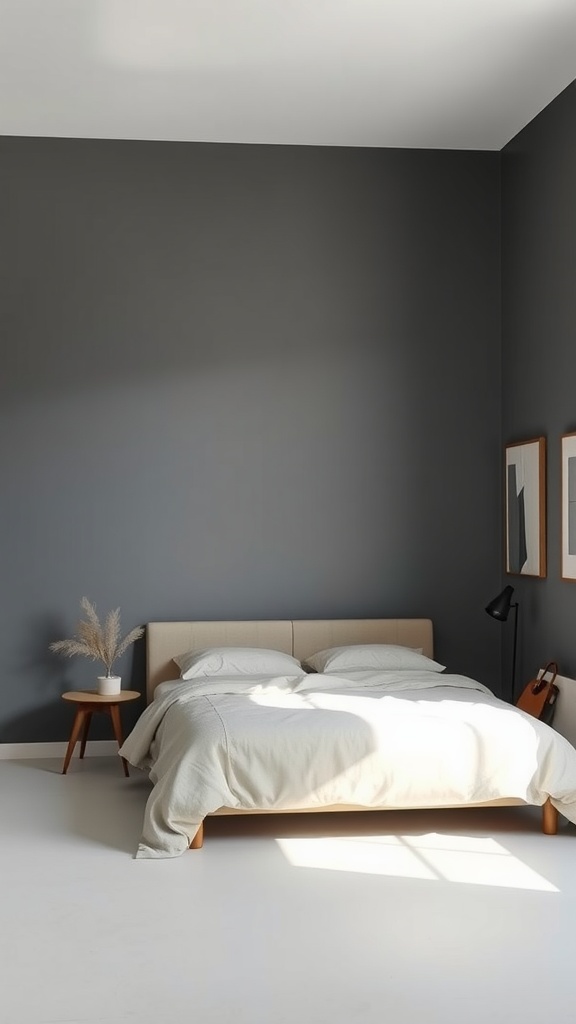 A minimalist gray bedroom featuring a bed with neutral bedding, a small side table, and simple wall decorations.