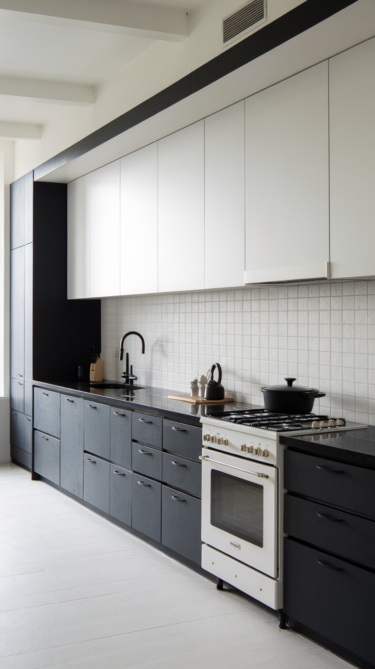 A minimalist black and white kitchen with sleek cabinetry and a modern design.