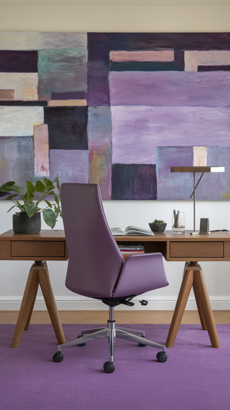 A sleek purple office chair in a stylish home office setting, paired with a wooden desk and a colorful wall art.