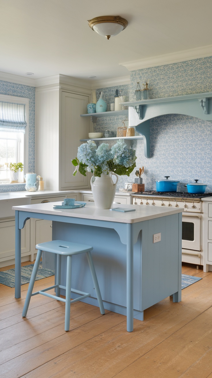 A kitchen with soft blue pastel decor featuring floral wallpaper, blue accents, and a vase of hydrangeas.