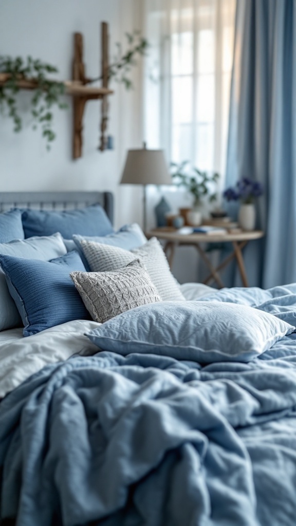 Cozy blue bedroom featuring soft textiles, plush bedding, and natural light.