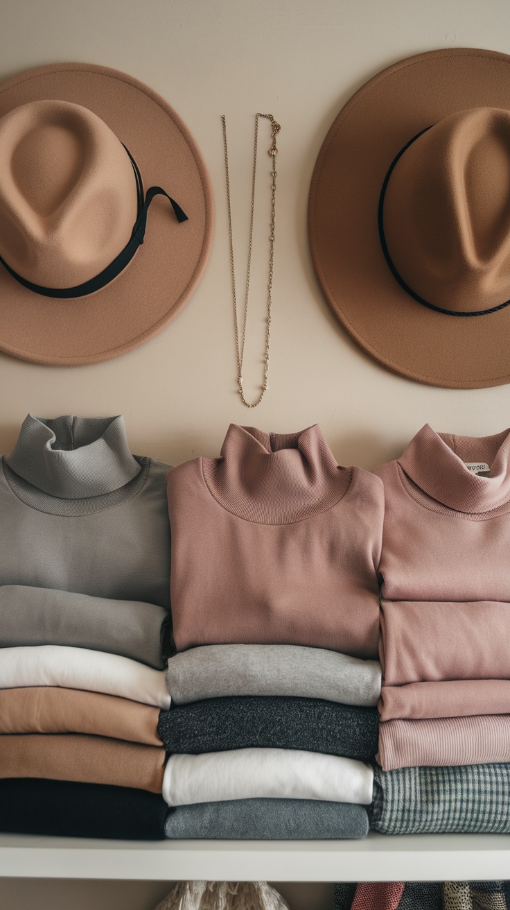 An assortment of folded soft fabric turtlenecks in neutral colors with two hats and a necklace hanging above.