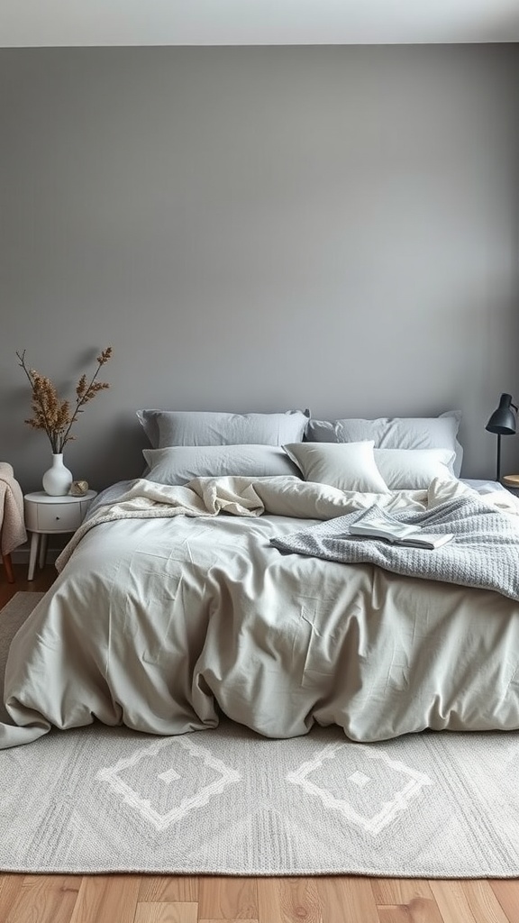 A modern bedroom featuring soft gray bedding and a neutral color palette.