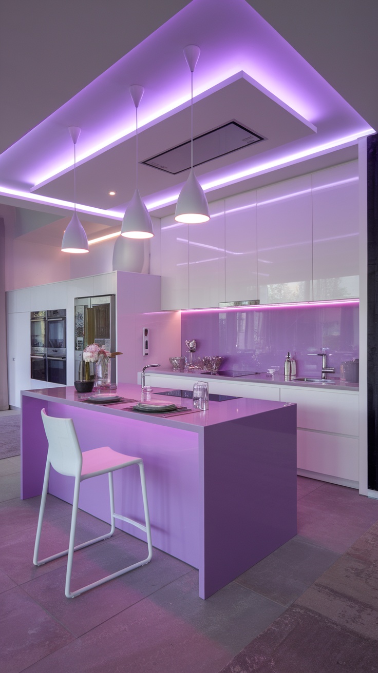 Modern kitchen with soft purple lighting accents