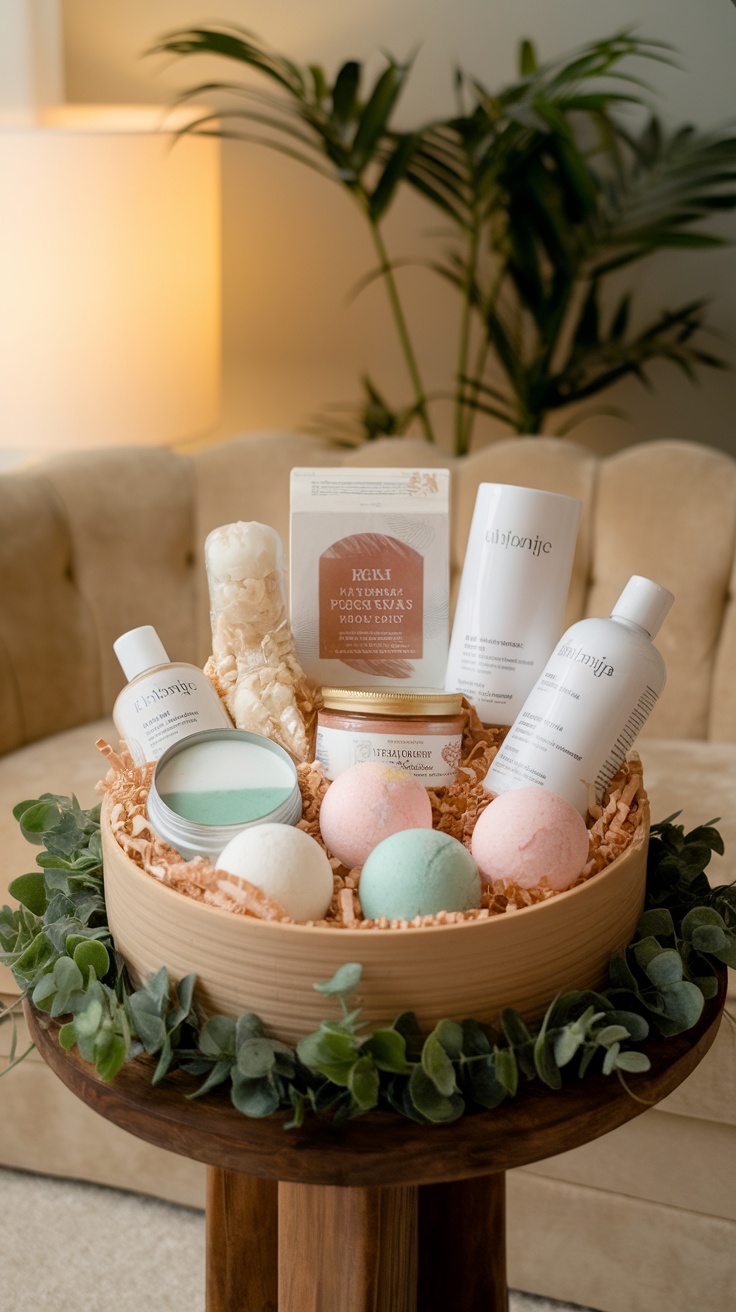 A beautifully arranged spa day gift basket filled with bath bombs, body scrub, and lotions.