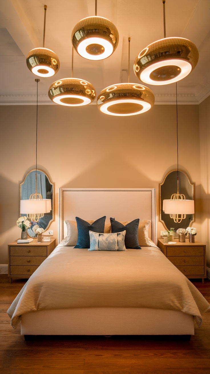 A pink and gold themed bedroom featuring elegant gold pendant lights above a bed with decorative pillows.