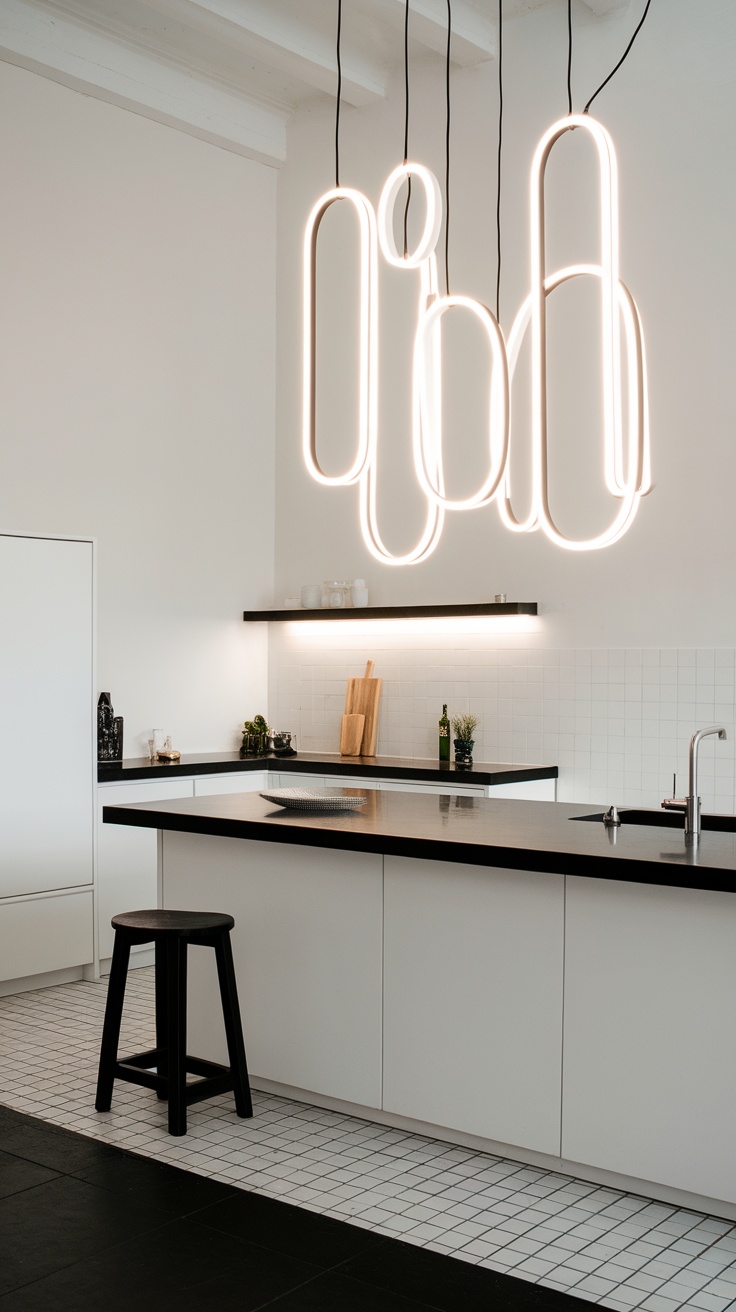 A modern black and white kitchen featuring a unique, fluid light fixture above a countertop.