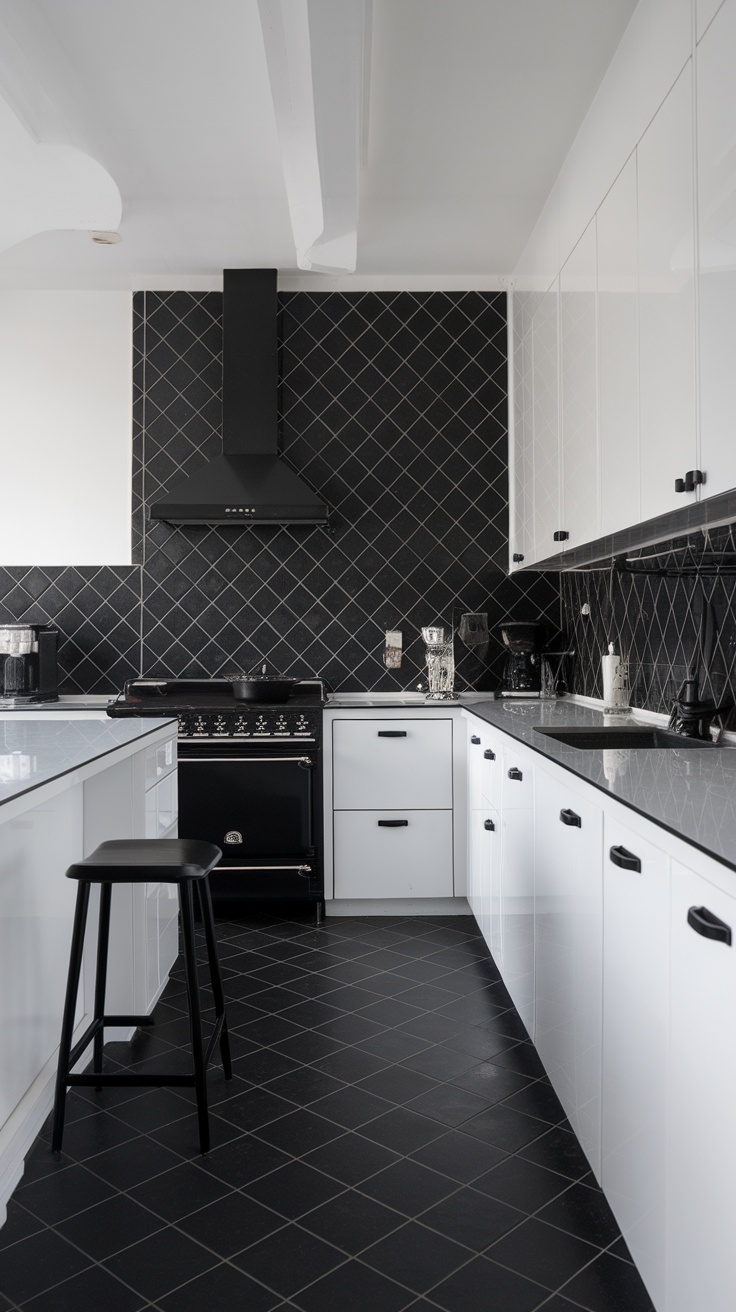 A minimalist black and white kitchen featuring a black tiled backsplash and white cabinets