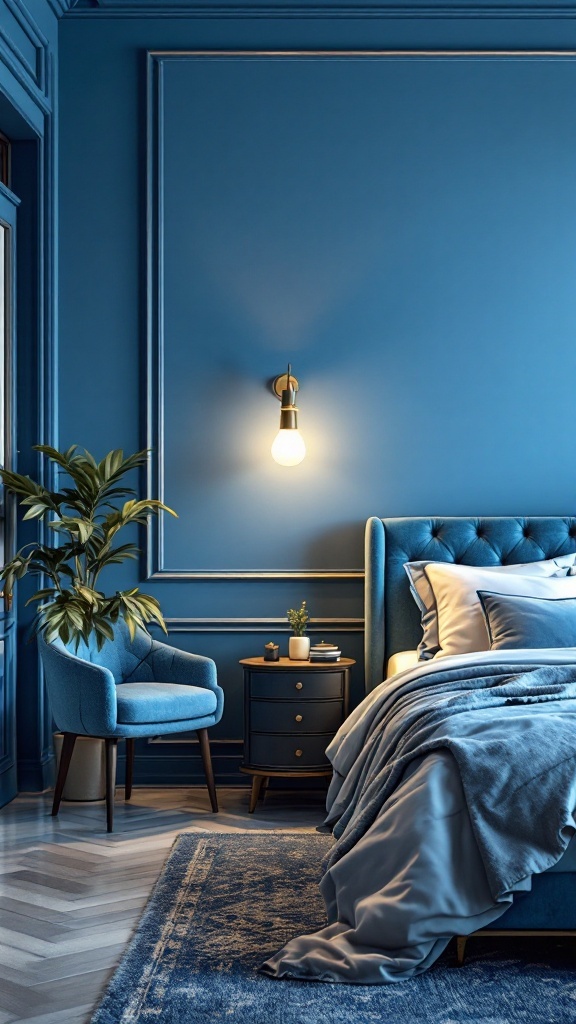 Cozy blue bedroom featuring stylish lighting fixtures