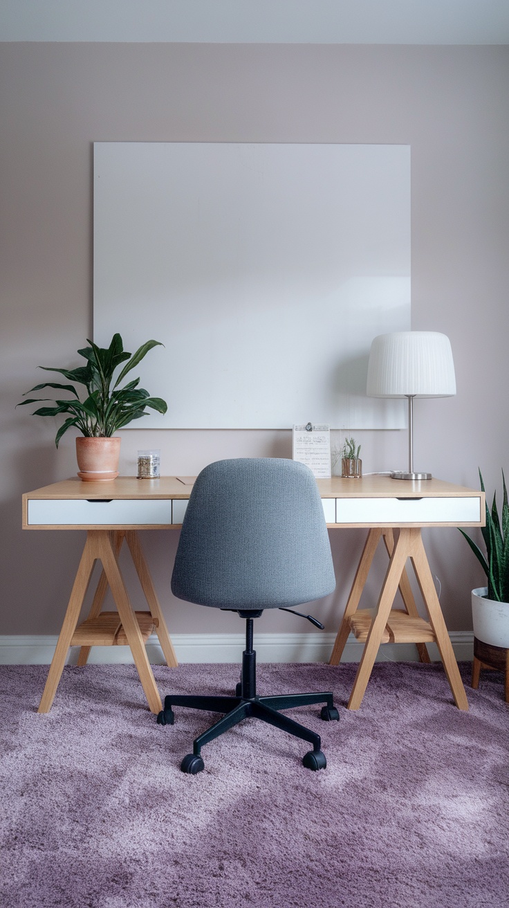 A home office with a lilac rug, desk, chair, and plants.