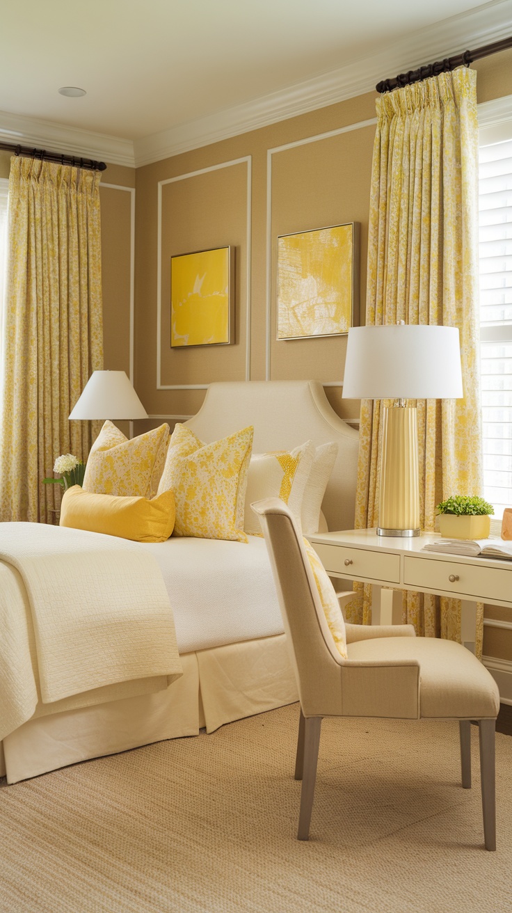 A bright and cheerful bedroom decorated with yellow accents, featuring patterned curtains, decorative pillows, and stylish lamps.