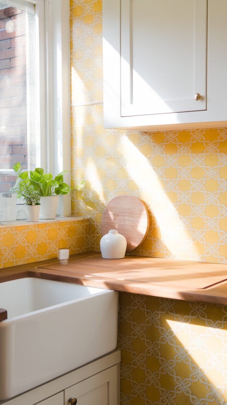 A bright kitchen with a yellow patterned backsplash, white cabinets, and a wooden countertop.