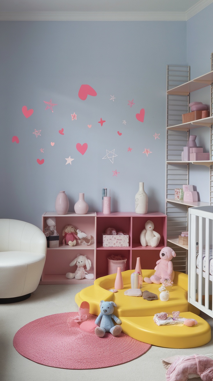 A bright yellow play area in a girl's bedroom with pink and soft decor.