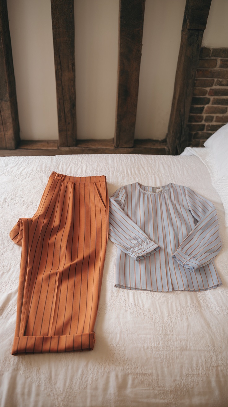A pair of orange tailored wide-leg trousers next to a light blue striped top on a white bed.