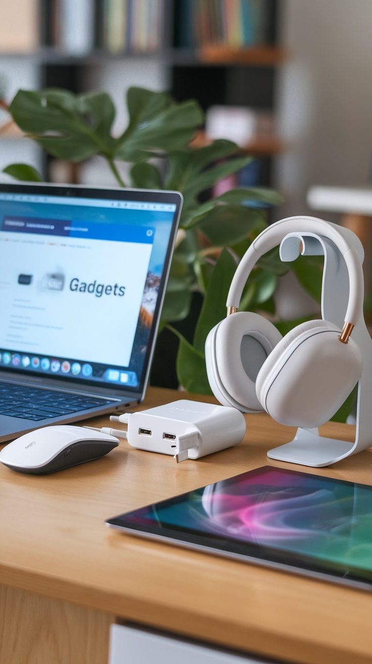 A modern workspace displaying a laptop, headphones, a mouse, a charging station, and a tablet.