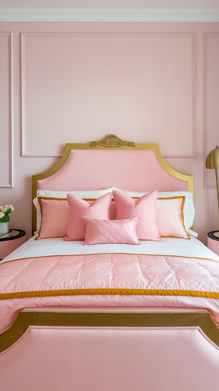A beautifully designed pink and gold bedroom featuring layered bedding and textured pillows.