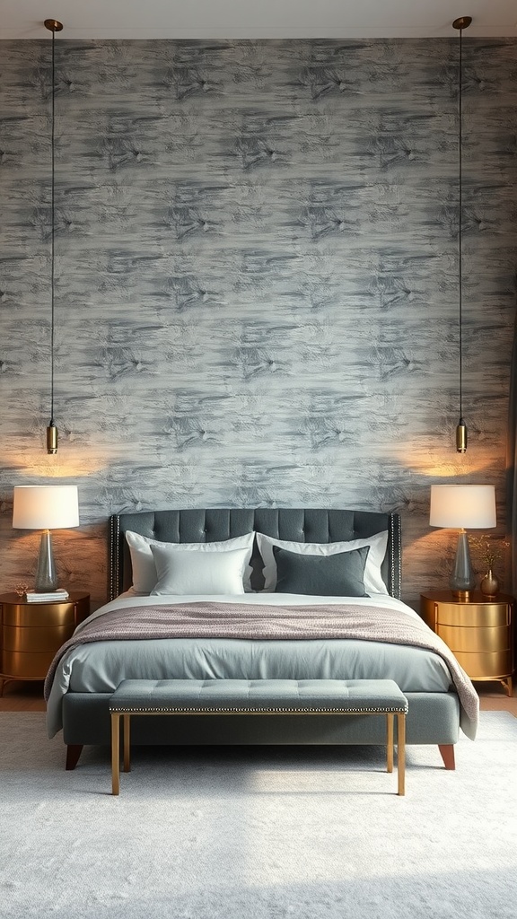 Modern bedroom featuring textured gray wallpaper with a tufted bed and golden accent furniture.