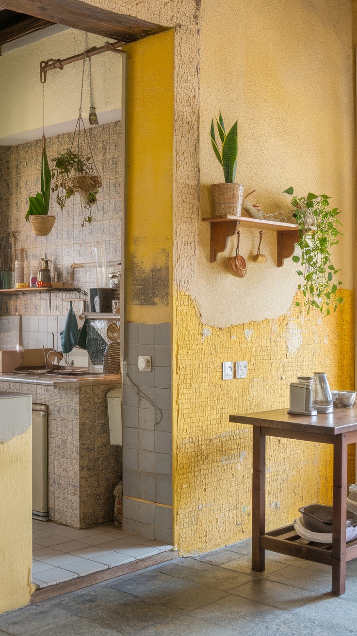 A rustic kitchen with textured yellow walls and hanging plants.