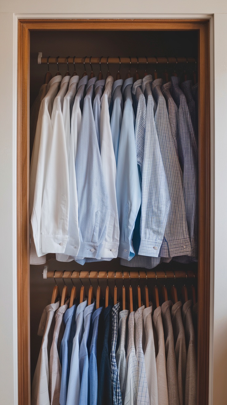 A closet filled with neatly arranged button-up shirts in various shades of white and blue.