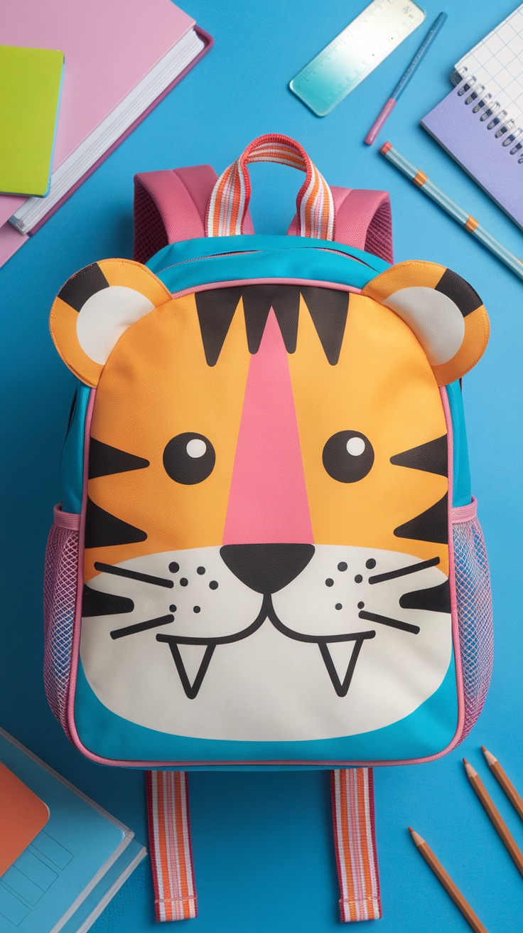 Trendy tiger-themed backpack on a blue background surrounded by school supplies