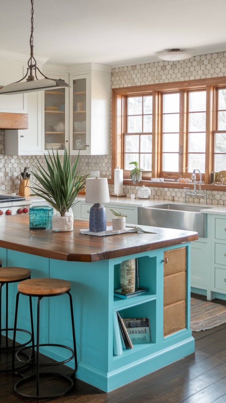 A bright turquoise kitchen island with a wooden countertop, surrounded by bar stools, in a well-lit kitchen.