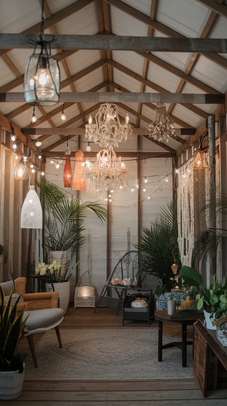 A cozy she shed with various unique lighting fixtures including chandeliers and string lights, surrounded by plants and comfortable seating.