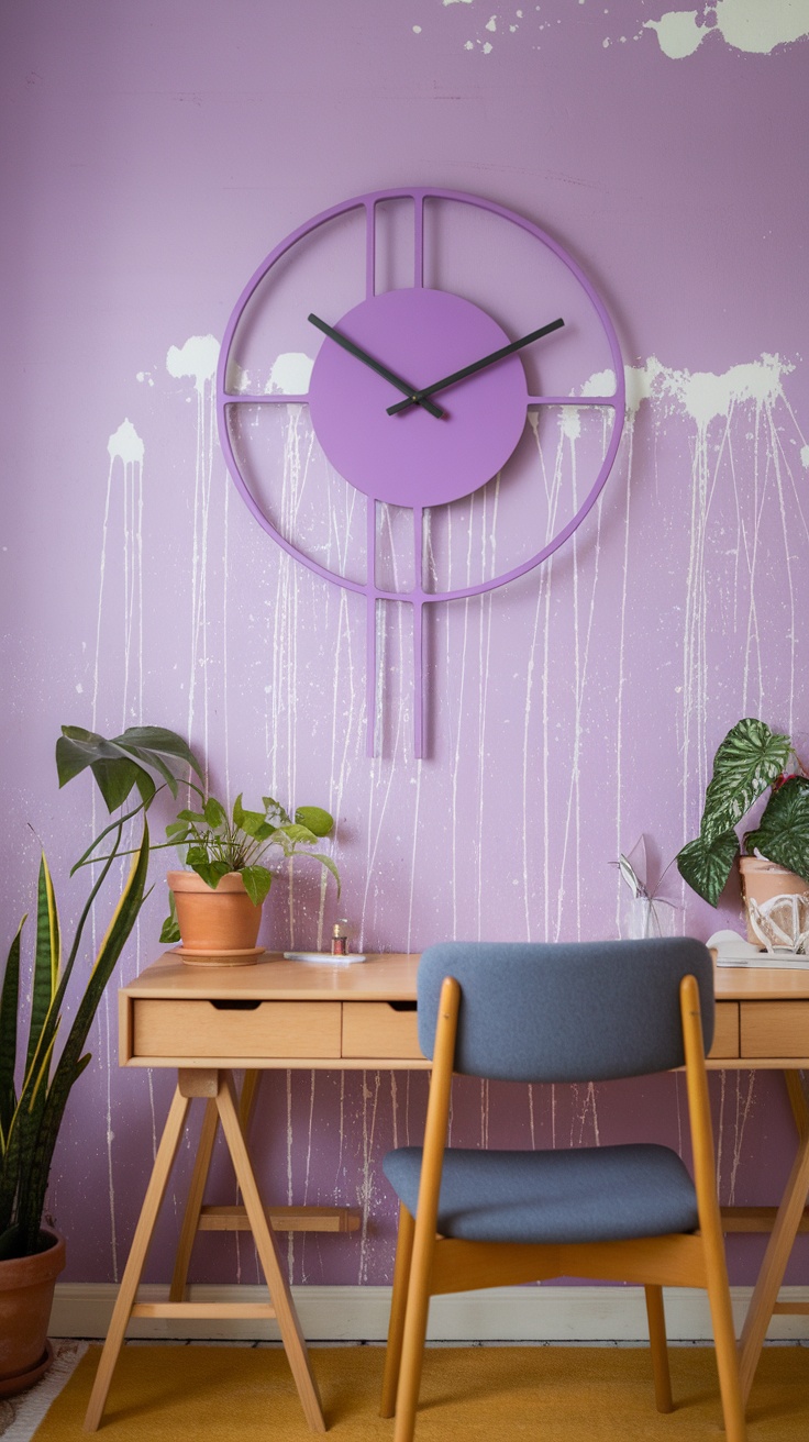 A unique purple wall clock on a purple wall with plants and a wooden desk in a home office
