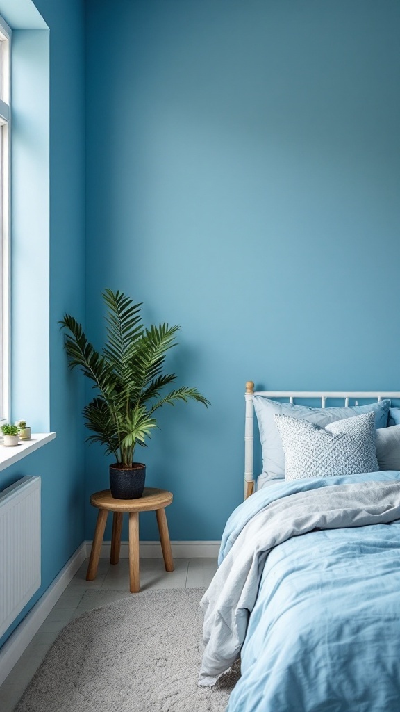 Cozy blue bedroom with light blue walls, bedding, and a plant by the window.
