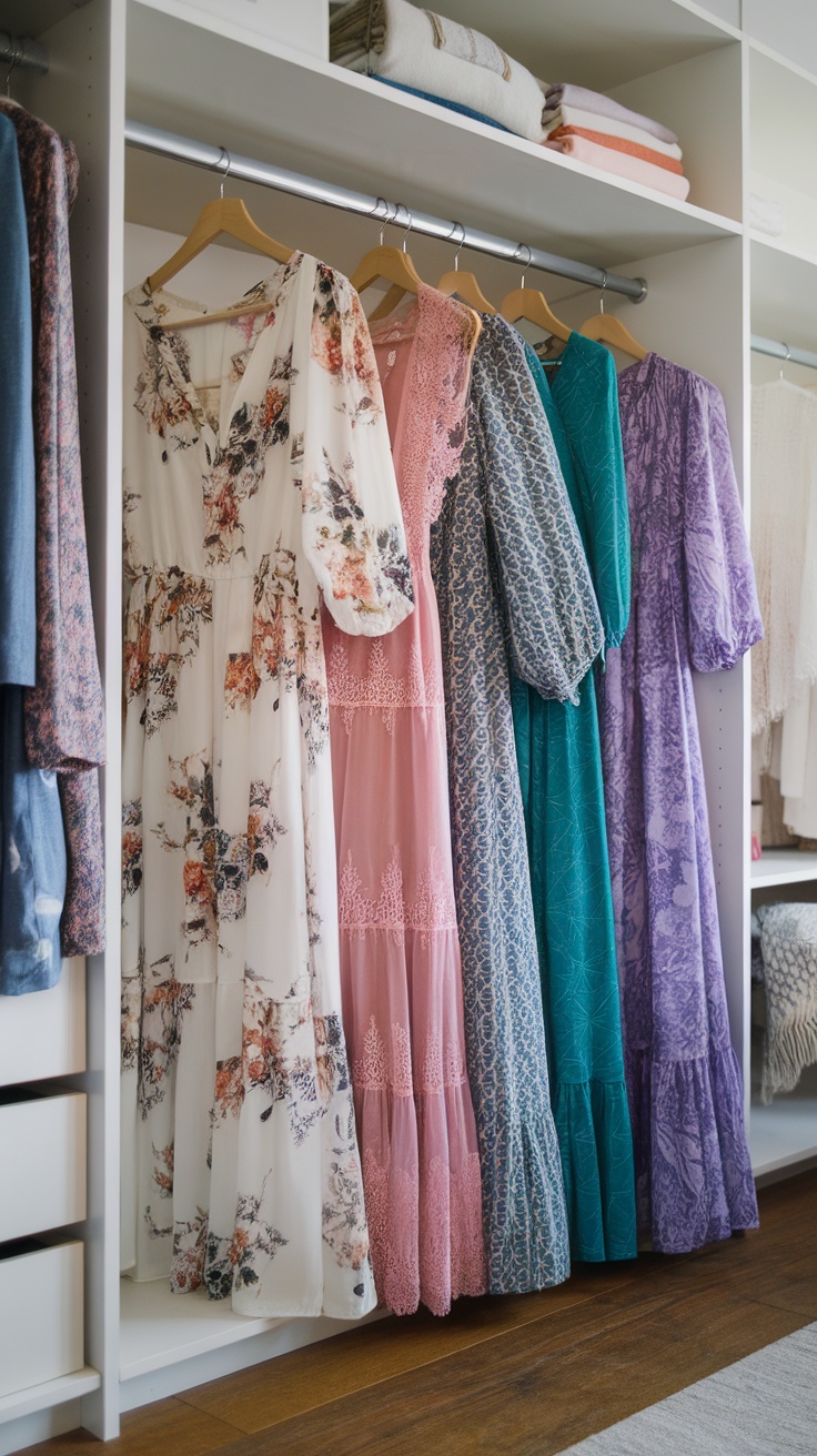 A selection of colorful maxi dresses hanging in a wardrobe.