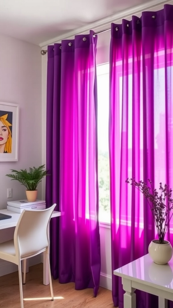 Home office featuring vibrant purple curtains, modern desk, and organized bookshelf.