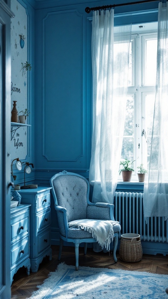 Cozy vintage blue furniture in a serene bedroom setting