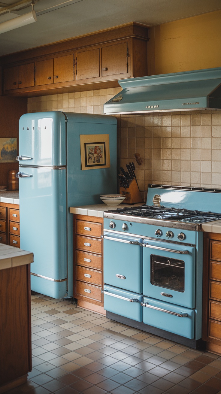 A kitchen featuring vintage blue appliances, including a refrigerator and stove, set against wooden cabinets and tiled flooring.