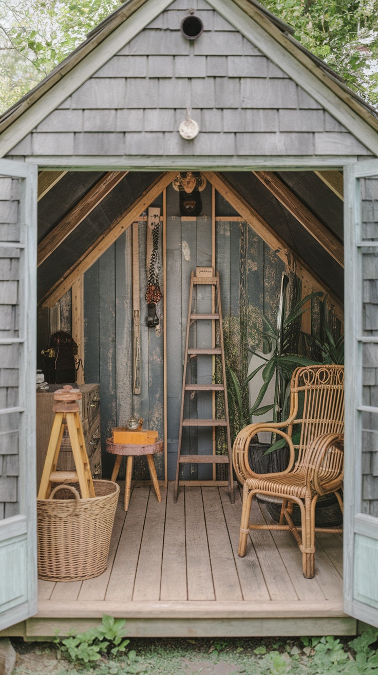 A cozy she shed interior with vintage decor including a wicker chair, wooden ladder, and upcycled furniture.