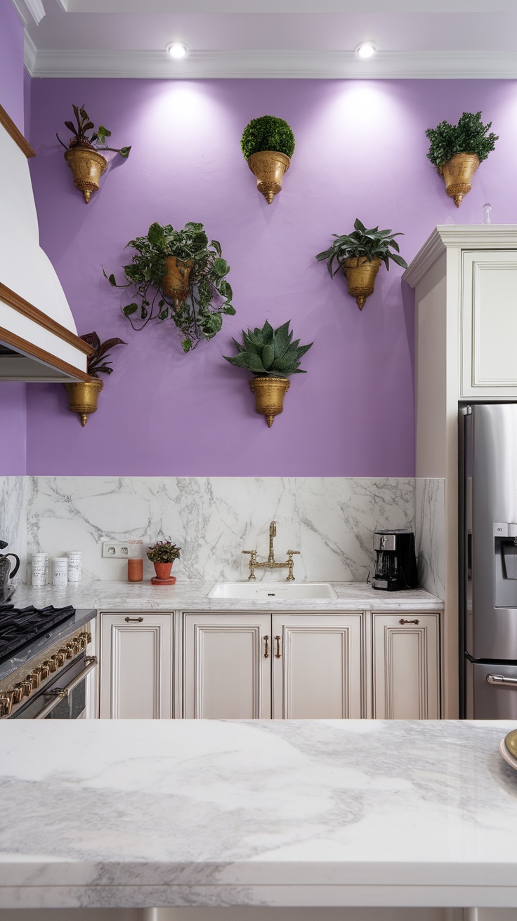 A kitchen featuring violet accent walls with wall-mounted planters and a marble countertop.