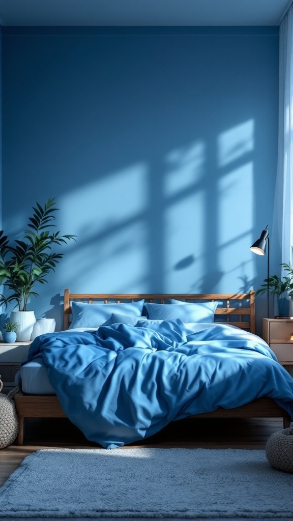 A cozy blue bedroom with warm lighting and soft textures