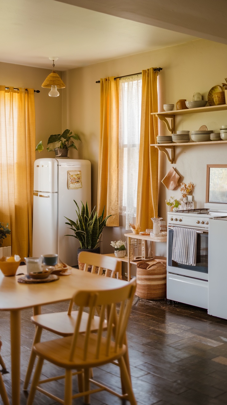 A warm and inviting kitchen featuring yellow curtains, white appliances, and wooden furniture.
