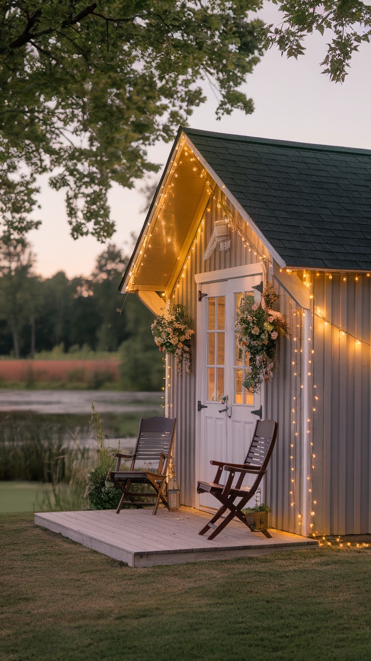 A picturesque she shed illuminated with fairy lights, featuring floral arrangements on the door and two wooden chairs on the porch.