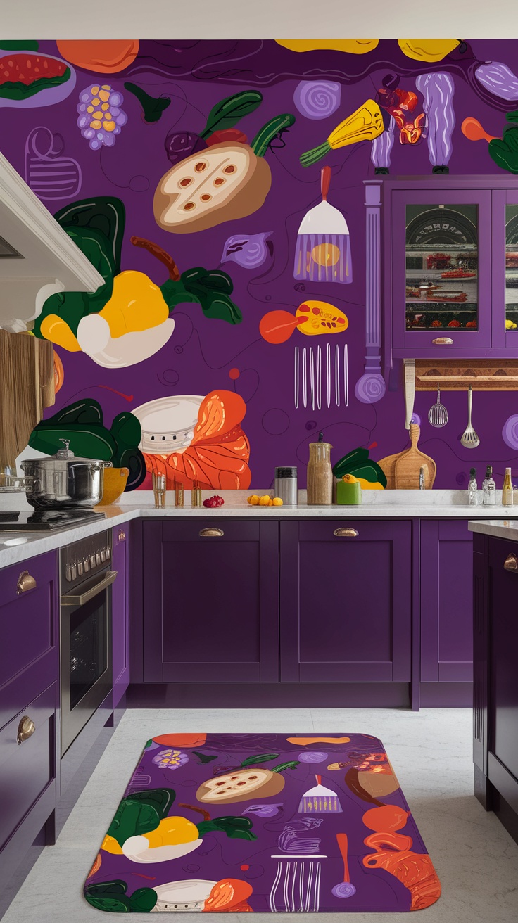 A whimsical purple wall art in a kitchen featuring colorful illustrations of fruits, vegetables, and kitchen utensils.