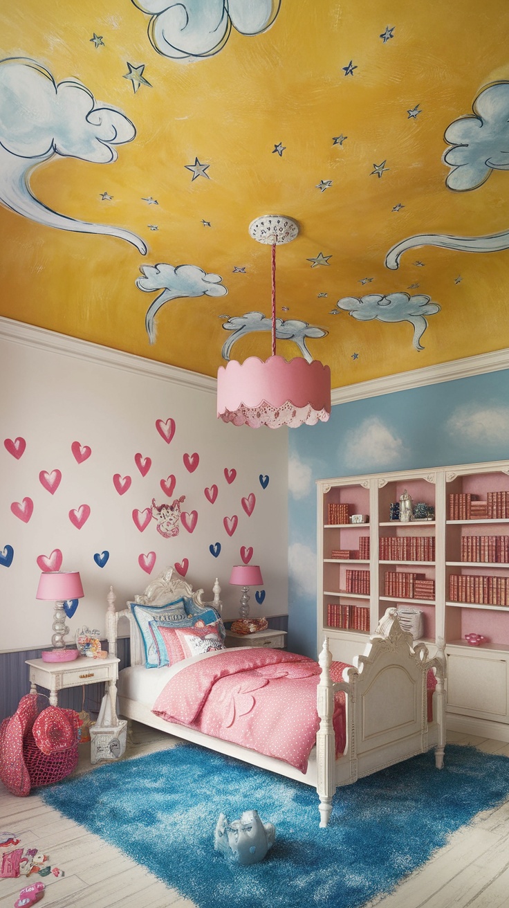 A girl's bedroom featuring a whimsical yellow ceiling with clouds and stars, complemented by pink and blue decor.