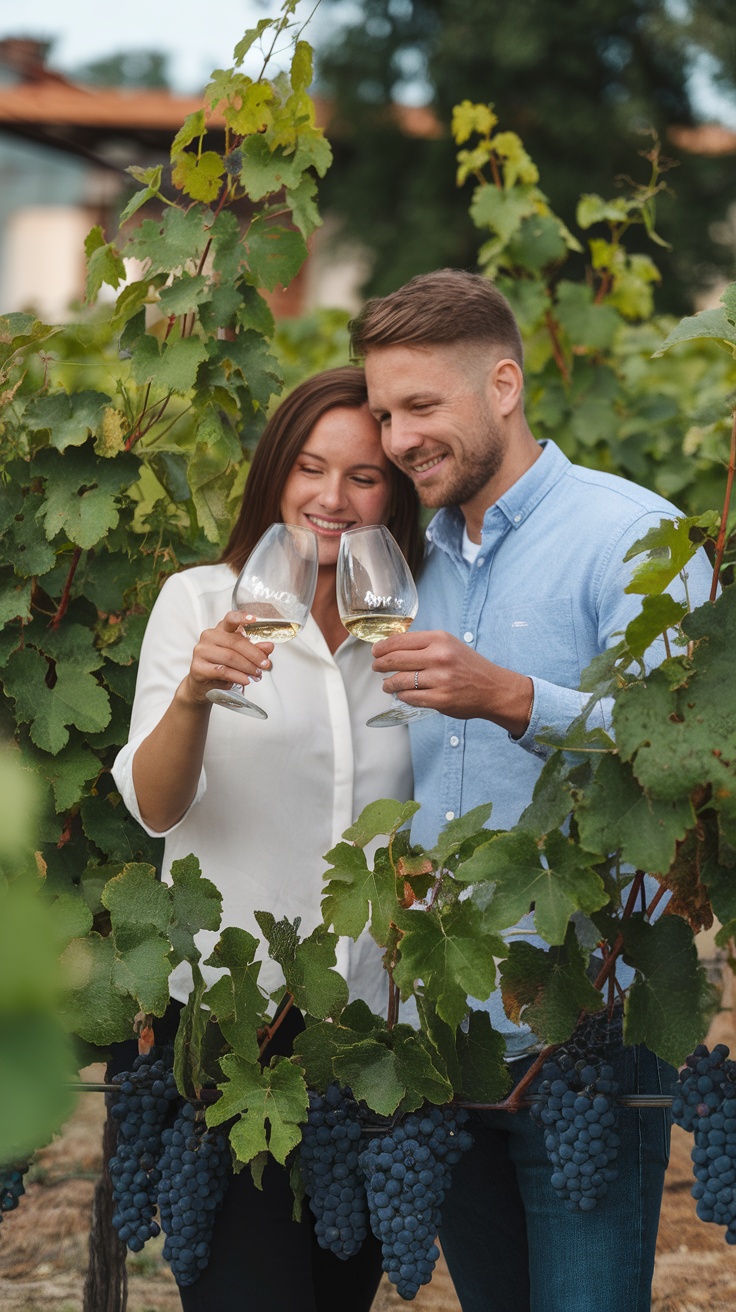 Couple enjoying a wine tasting experience in a vineyard