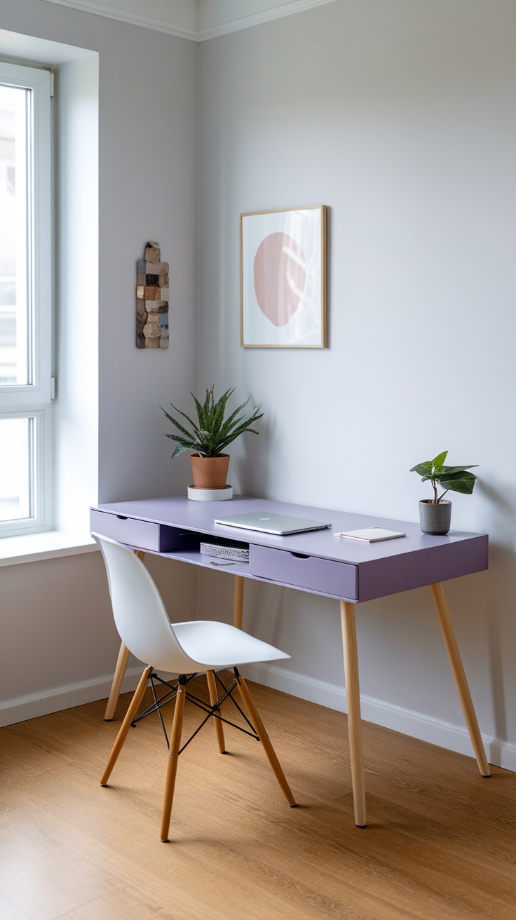 A workspace featuring a modern purple desk, laptop, and plants, illuminated by natural light.