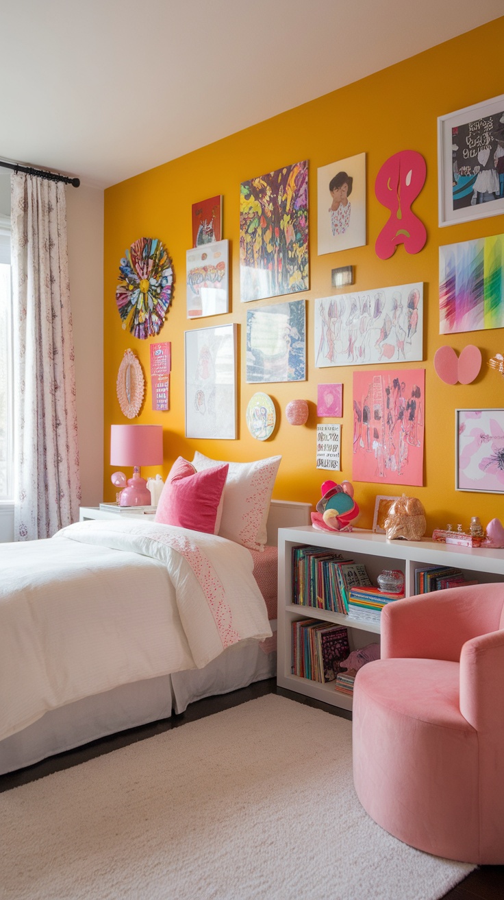A bright yellow accent wall in a girl's bedroom adorned with colorful artwork and decor.