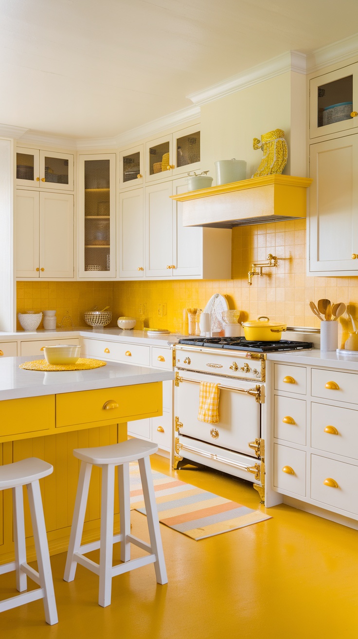 A bright yellow kitchen featuring white cabinets and accents, with yellow tiles and a cozy island.