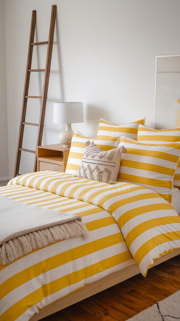 A cozy bedroom featuring yellow and white striped bedding with decorative pillows, a wooden ladder, and a stylish lamp.