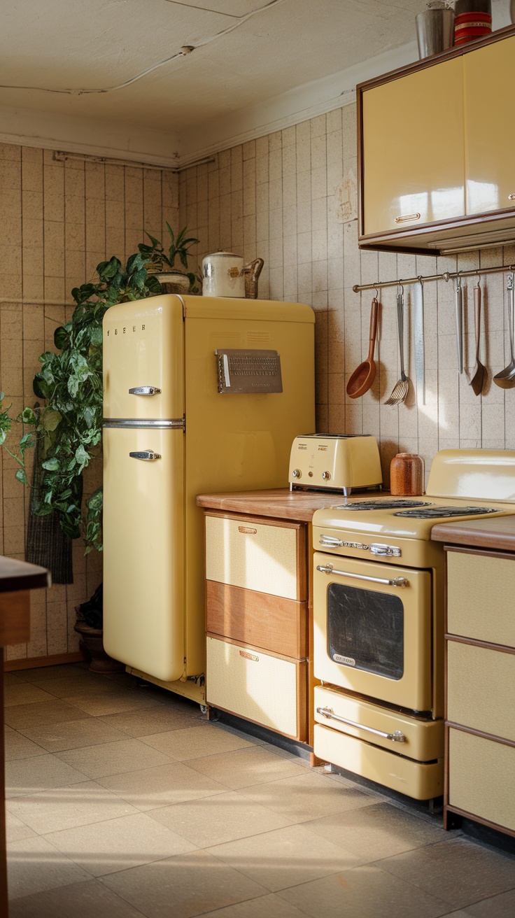 A retro kitchen featuring yellow appliances including a refrigerator and stove, complemented by wooden elements and plants.