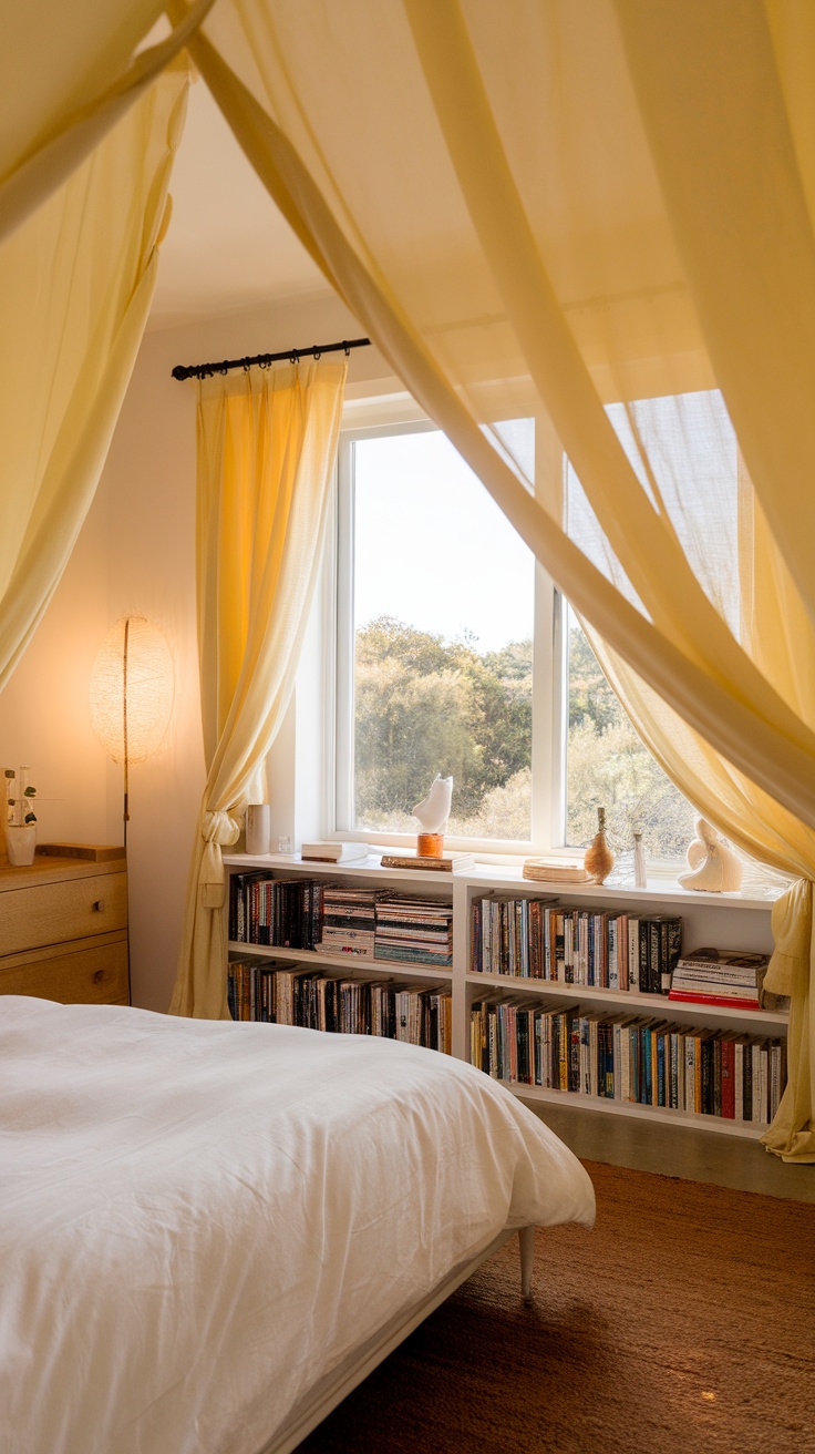 Cozy bedroom with yellow curtains and a view of nature
