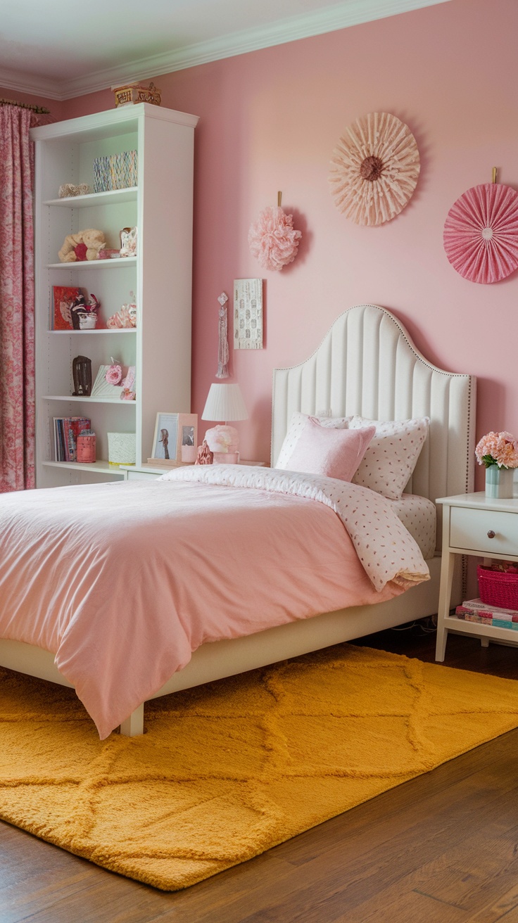 A cozy yellow rug in a girl's bedroom with pink decor.